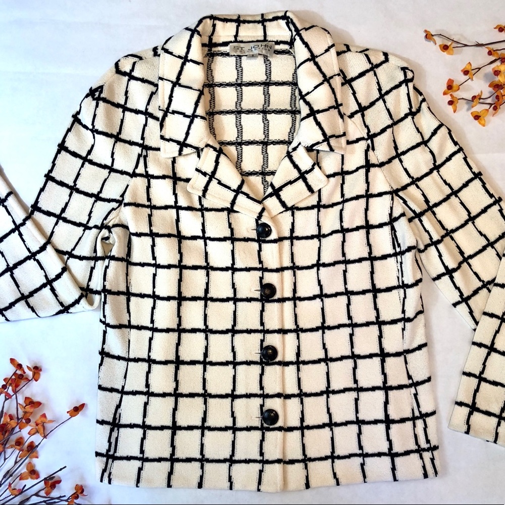 St. John Collection Cream & Black Knit Blazer Sz 8